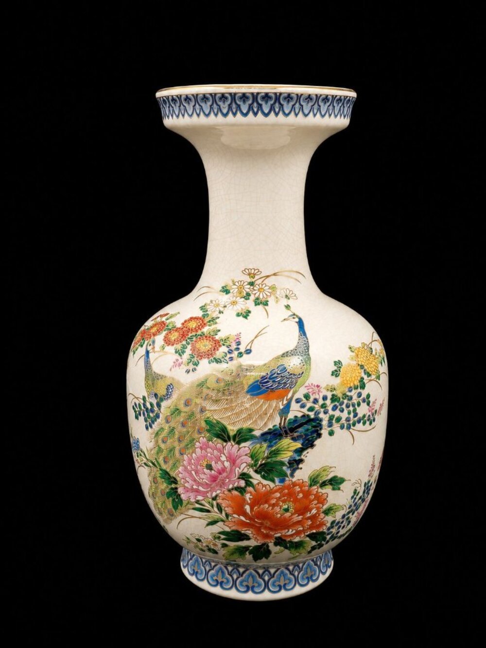 Otagiri Mid Century Satsuma Peacock Phoenix Large Crackled Floral Gold Line Vase - Picture 4 of 6